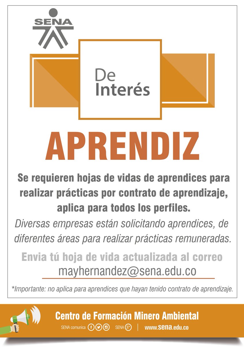 fggonzalezl's tweet photo. #Atención | Aprendiz de nuestro Centro de Formación, te invitamos a enviar tu Hoja de Vida, para contratos de aprendizaje. 🤝 https://t.co/6mng8azhqa