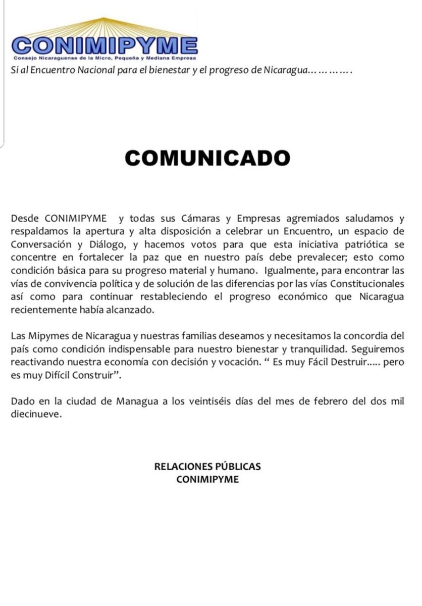 JORGETELLEZC's tweet photo. #Bienestar en #Nicaragua. Continúa apoyo a #DialogoNi convocado por #Gobierno. Ahora, #CONIMIPYME respalda éste "...#espacio de conversación y diálogo...", destaco su gran #Rol #social de las #mipymes al haber abastecido a la #Comunidad a pesar de los tranques. @antonioguterres https://t.co/fvXJZJi255