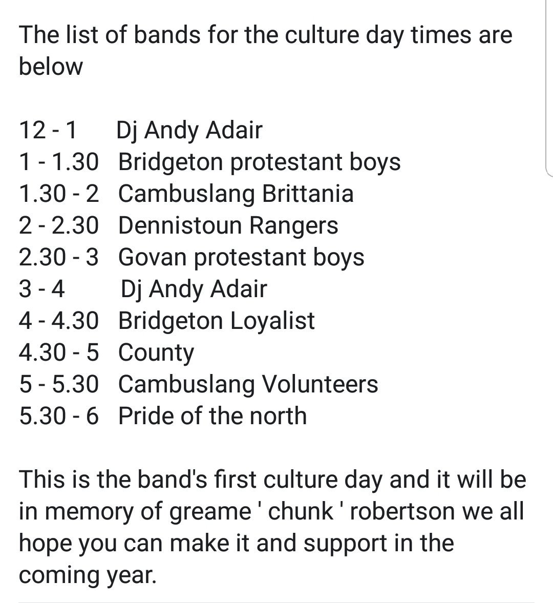 This is the band's first culture day and will be in memory of Greame ' chunk ' robertson we all hope you can make it 

6th of April

Holepark social club, cambuslang

£3 entry at the door