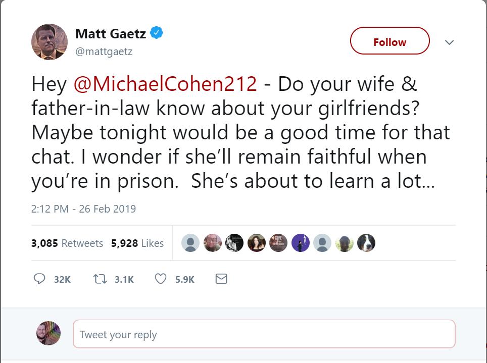 _forrestc_'s tweet image. I screenshot that @RepMattGaetz witness tampering tweet for y&apos;all to retweet around, should he decide to delete it for any reason in the future....