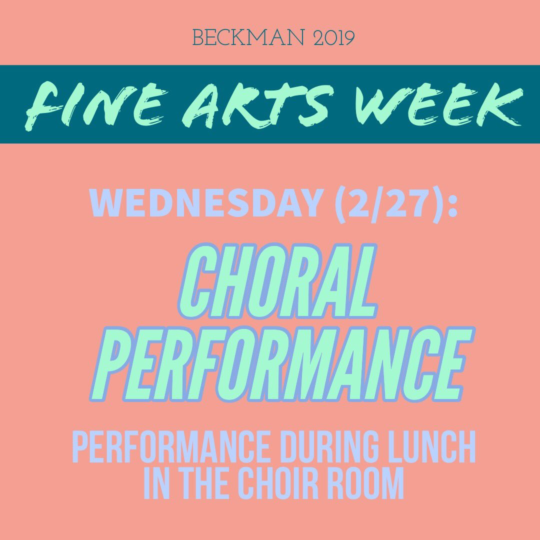 Fine Arts Week Day 1 was a huge success thanks to Wind Ensemble and all of the students who came to the Commons during lunch to support. ⭐️ TOMORROW: Come watch Beckman Choir perform in the Choir Room! • Reminder: Late Start Wednesday tomorrow (2/27).