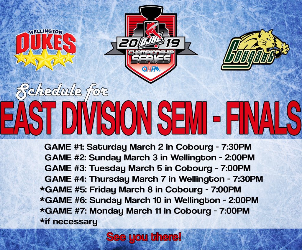 Schedule for the East Division Semi-Final versus <a href="/CougarsHockey/">Cobourg Cougars</a> 
#Playoffs #RoadToTheRBC