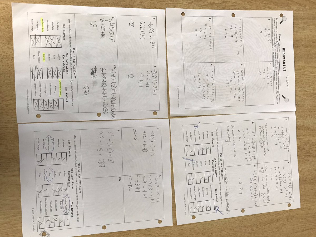 ms_s_mcewan's tweet image. Reviewing order of operations by figuring out who dunnit?! #trialtuesday #engagemath #deductivereasoning @TLKLife