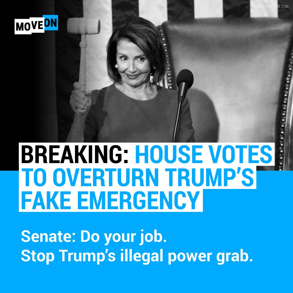 MoveOn's tweet photo. BREAKING! The House has voted YES on the #CastroResolution to overturn @realDonaldTrump's #FakeTrumpEmergency. 
Now, we call the #Senate: 855-976-5699 https://t.co/wRD6PP8hg9