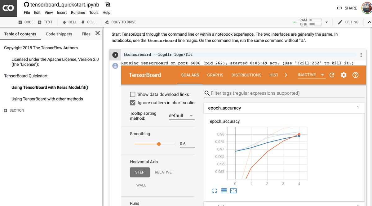 random_forests's tweet image. Good news! TensorBoard now works in Jupyter Notebooks, via magic commands &quot;%&quot; that match the command line. 

Example: colab.research.google.com/github/tensorf…