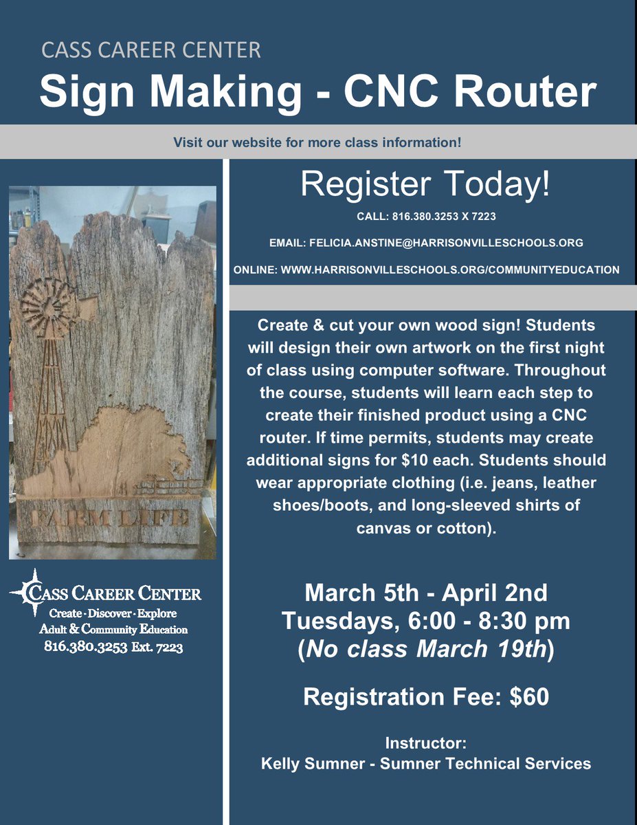 CCCCommunityEd's tweet image. Design and cut your own wood sign in our Sign Making with CNC Router class! Time is running out to register and we only have a few spots left! Give us a call at 816-380-3253 Ext. 7223 or register online at harrisonvilleschools.org/communityeduca….
Instructor: Kelly Sumner