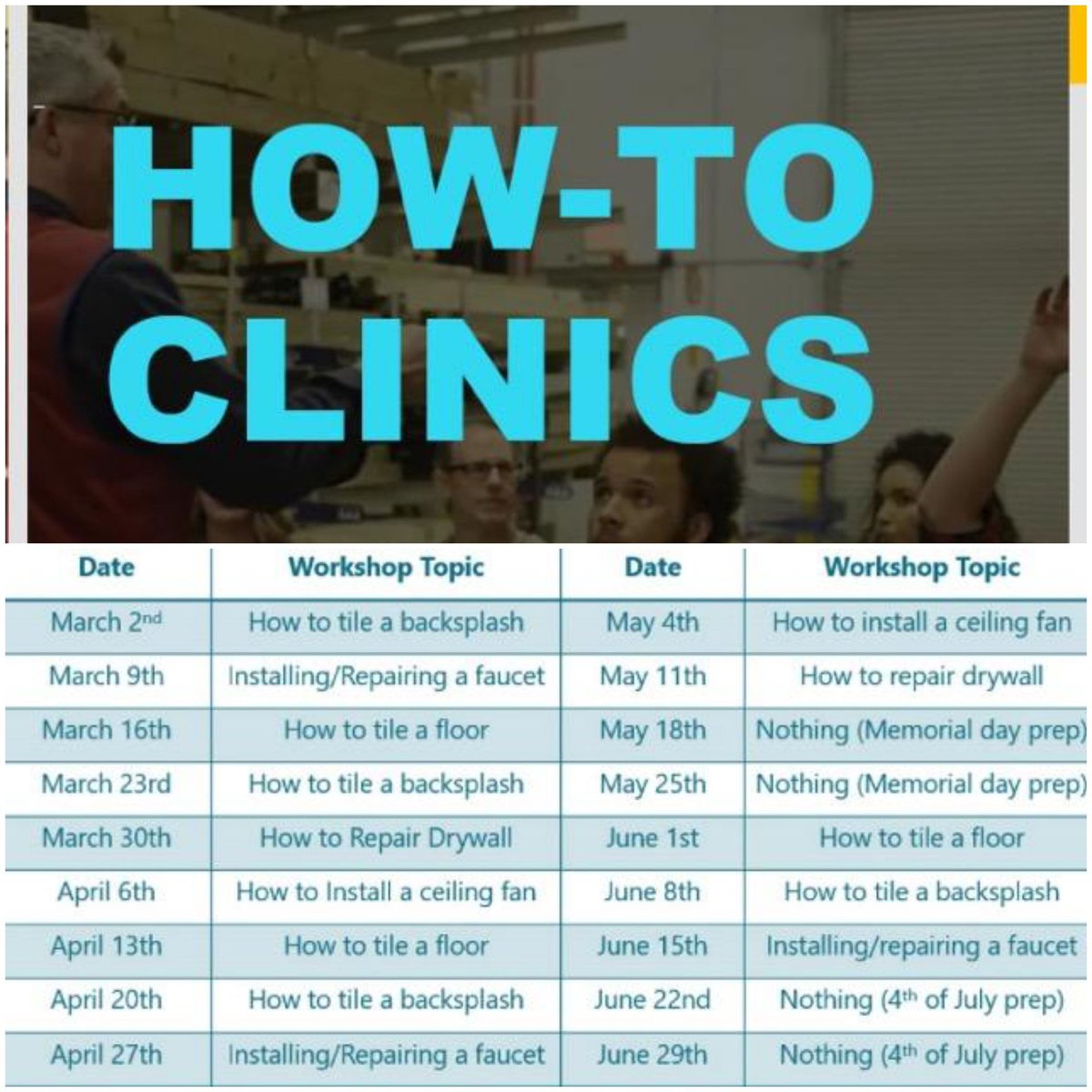 LisaHof42605841's tweet photo. You can do it, Lowe's will help you!
Starting 3/2/19, all Lowe's stores will be conducting How to Clinic's, to help you conquer everything on your "honey to do list". 
Register on https://t.co/qYOGrQh7fD or in your local store. Clinics start at 10am @JHoffmann2207 @LowesMedia https://t.co/d28pLLwkCn