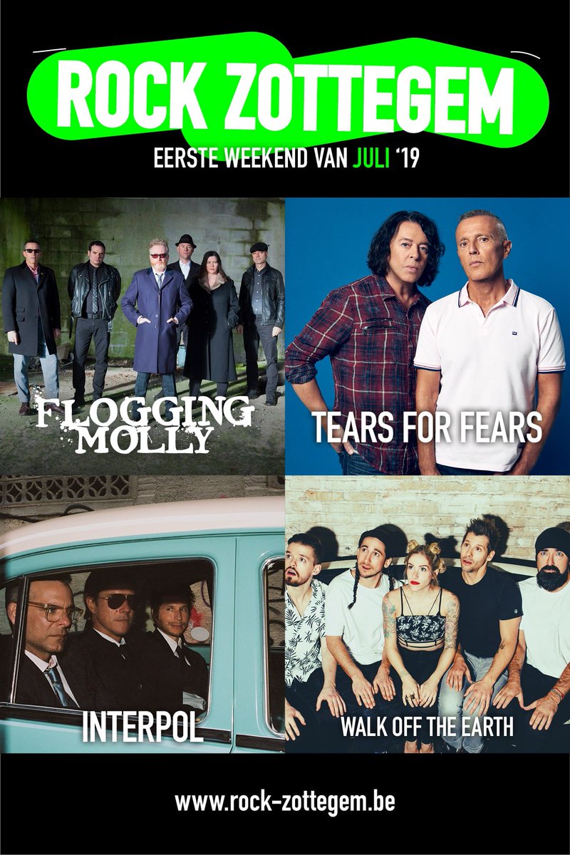 NIEUWE NAMEN voor #RZ19
<a href="/tearsforfears/">Tears for Fears</a> , <a href="/floggingmolly/">Flogging Molly</a> , <a href="/Interpol/">Interpol</a> en <a href="/WalkOffTheEarth/">Walk off the Earth</a>  op ROCK ZOTTEGEM!
