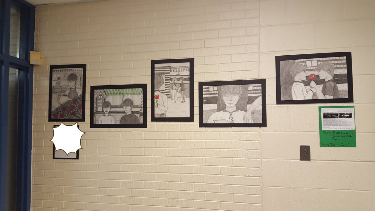 MsFarnesi's tweet photo. Art 3's Artwork is officially up and around the school! #wilkinsjh1 #isd109 #d109pride #schoolgallery #ArtsEd https://t.co/5t6VG2DjTu