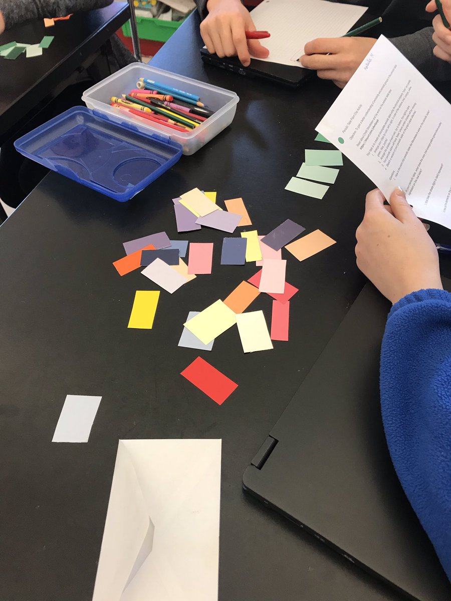 katecturnbull's tweet photo. Looking for color patterns in paint chips to learn about the periodic table. Great lesson from the @NSTA library. #mpcds #physicalscience #chemistryiscool #scichat https://t.co/F1lfjAXD6s
