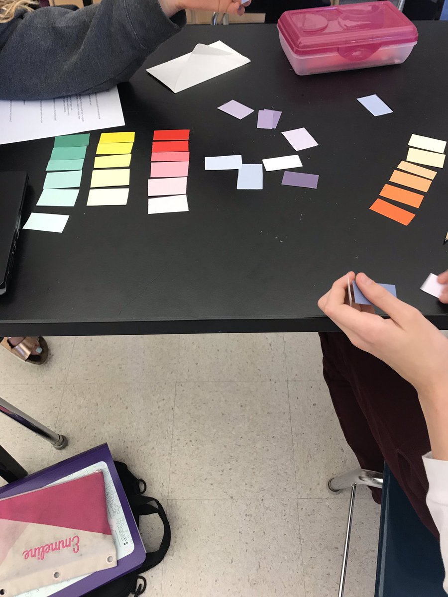katecturnbull's tweet photo. Looking for color patterns in paint chips to learn about the periodic table. Great lesson from the @NSTA library. #mpcds #physicalscience #chemistryiscool #scichat https://t.co/F1lfjAXD6s