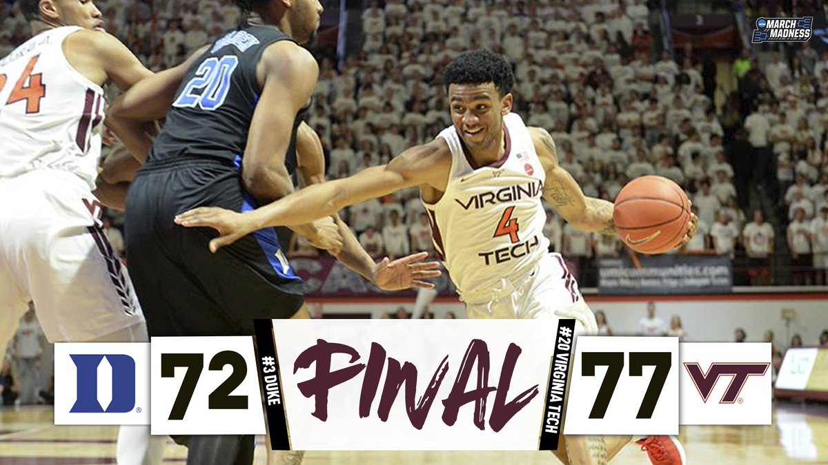 MarchMadnessMBB's tweet photo. DOWN GOES DUKE!

No. 20 Virginia Tech takes down No. 3 Duke, the 3rd straight win for the Hokies over the Dukies in Blacksburg! https://t.co/xoYpOLQtfF