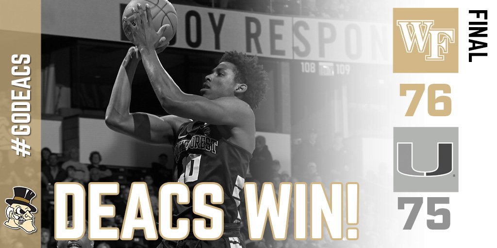 WakeMBB's tweet photo. DEACS WIN!!! Deacs rally from down 14 points for a 76-75 win over Miami!!! https://t.co/nOer0vCbdL