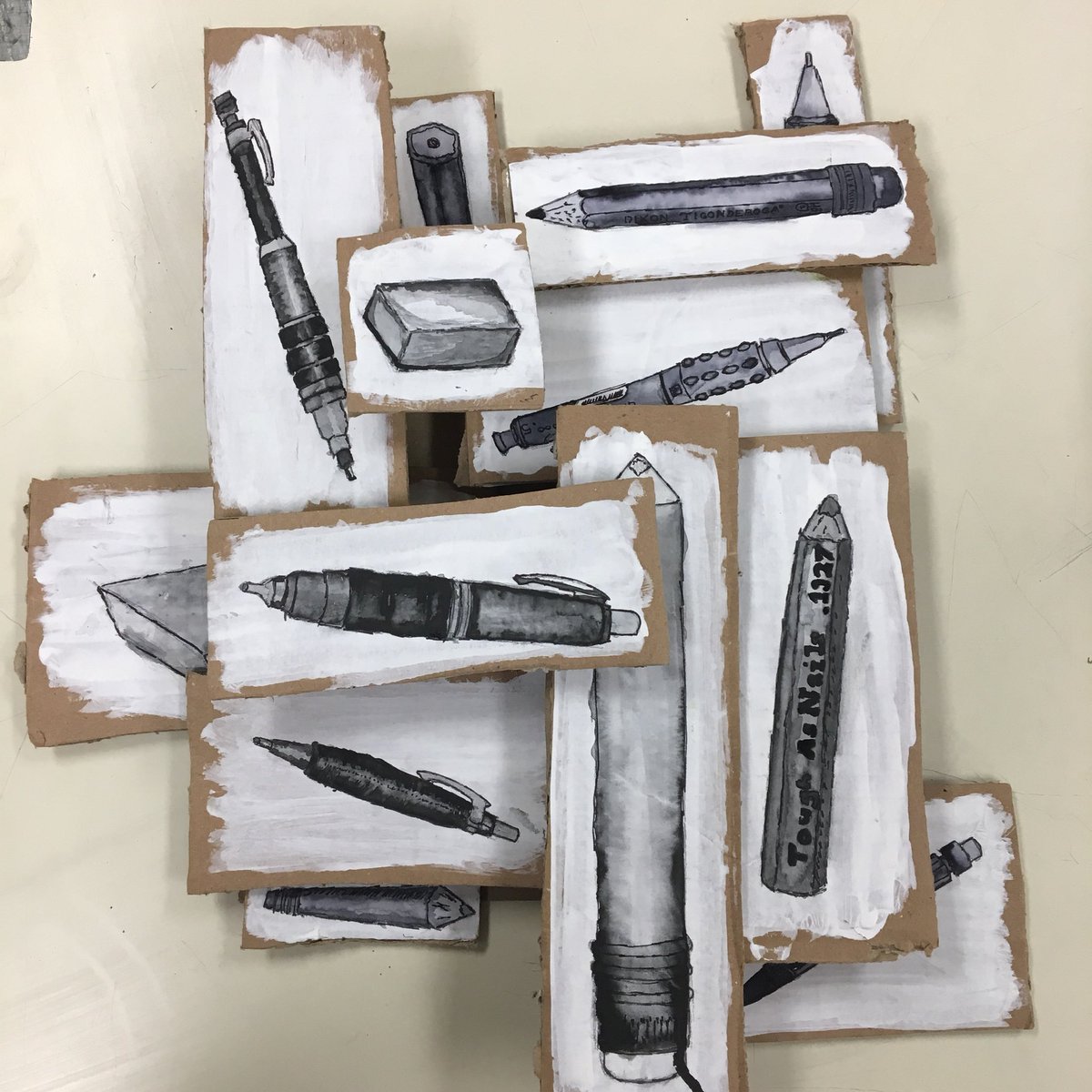 ArtfulMega's tweet photo. Inspired by #lisamilroy to push boundaries of 2D and 3D collage based on a theme. Pencils, erasers, and pens for this one. #advancedart #artatfms #penandink https://t.co/THAhtEqyvx
