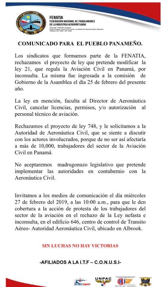 ITF_Americas's tweet photo. #SIPANAB #Panamá Multas económicas para los trabajadores dedicados al gremio de la aviación es una de las partes que nos afectara. Si dejamos que siga en pie el anteproyecto de ley 21 y 22 .... .cc @AviacionITF @ITFglobalunion @ITFPANAMA https://t.co/aze0iEIgh8