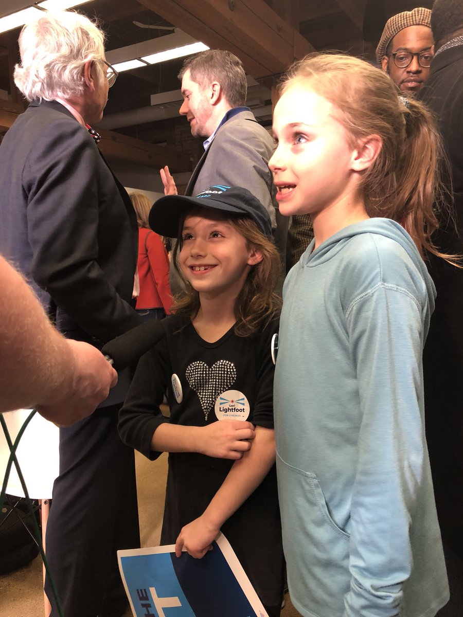 WGNErik's tweet photo. Two of @LightfootForChi youngest supporters giving interviews tonight. Megan and Emma Noll. @WGNNews @WGNRadioNews #WGNElection https://t.co/l5XlxlCmRu
