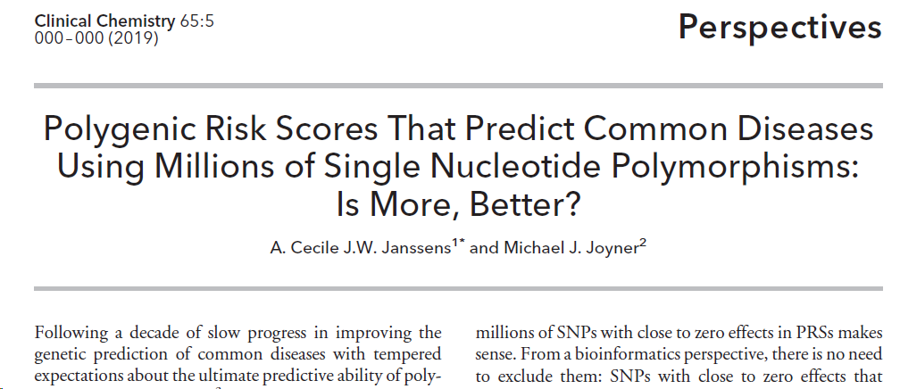Cecile Janssens (@cecilejanssens) on Twitter photo Finally published: our perspective on polygenic risk scores (PRSs) that predict common diseases using millions of SNPs, with <a href="/DrMJoyner/">Michael Joyner</a>
1/n
clinchem.aaccjnls.org/content/early/… Finally published: our perspective on polygenic risk scores (PRSs) that predict common diseases using millions of SNPs, with <a href="/DrMJoyner/">Michael Joyner</a>
1/n
clinchem.aaccjnls.org/content/early/…