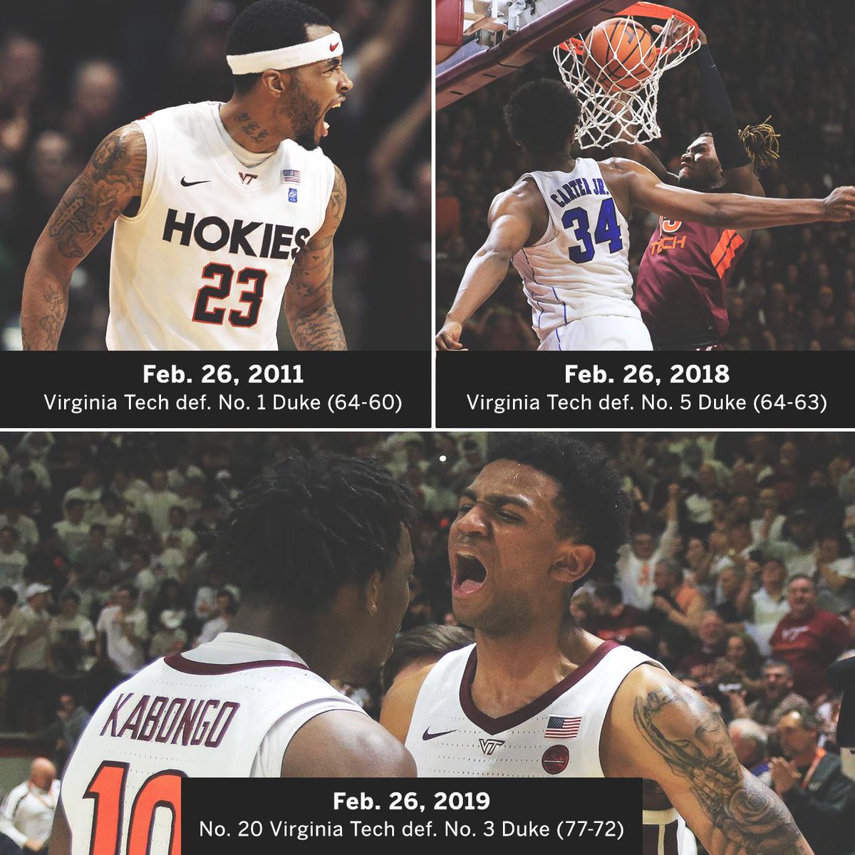 espn's tweet photo. On 3 of the last 9 February 26ths, The Virginia Tech Hokies have upset a Top-5 Duke team. https://t.co/Fs7rGEYrKV