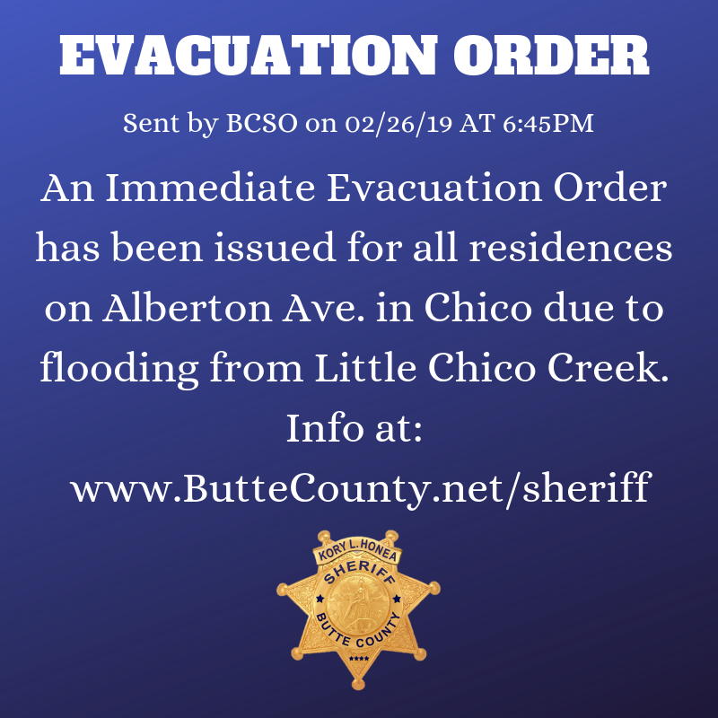 ButteSheriff's tweet photo. Evacuation Order for Alberton Ave in Chico due to flooding.
#ButteSheriff https://t.co/j4tMv2ltnN