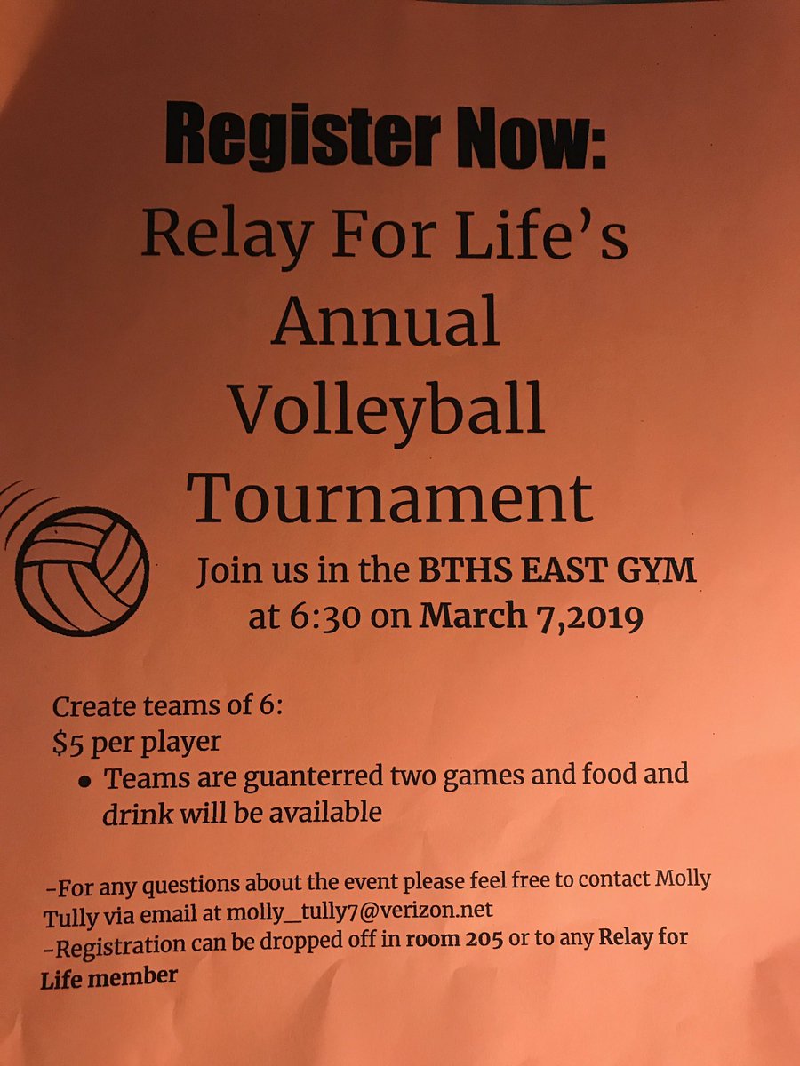 brickinteract's tweet image. RELAY FOR LIFE VOLLEYBALL
there’s still time to sign up a team for the annual relay for life volleyball tournament. For just $5 you can join a team of 6 for fun pizza and GUARANTEED 2 GAMES next Thursday March 7 in the east gym at 6:30! Bring your slips to room 205 to sign up!💜