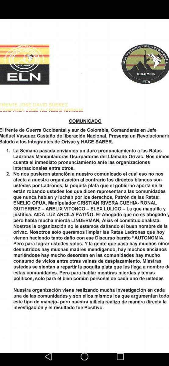 Orivac_Colombia's tweet photo. Hacemos responsable al Estado y al gobierno de Colombia @IvanDuque por omitir su deber de garante y de protección las autoridades de la #Orivac ante graves amenazas de grupos armados @FiscaliaCol @UNPColombia @PGN_COL @ForstMichel @ONUHumanRights @CIDH @MAPPOEA @IntlCrimCourt https://t.co/NGHrT5IZ8b