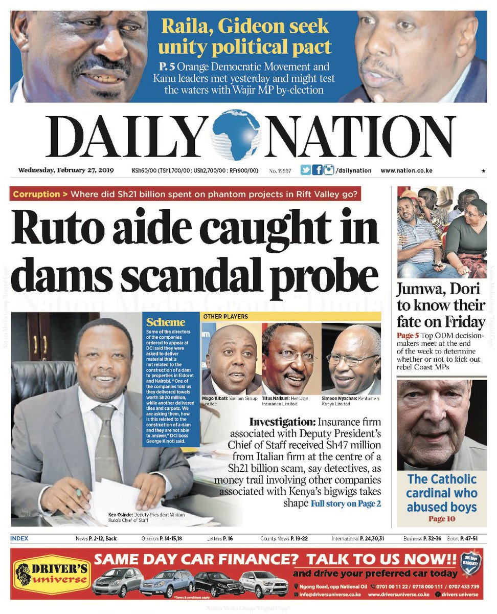 Image result for Ruto's name on kenyan newspapers