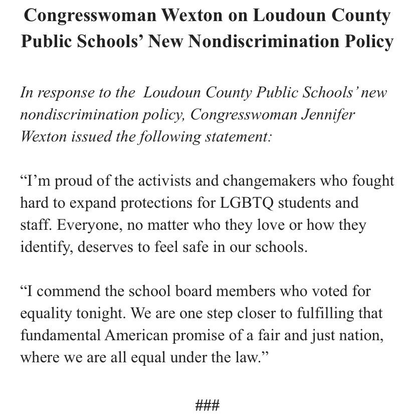 RepWexton's tweet photo. My statement on Loudoun County Public Schools’ new nondiscrimination policy: https://t.co/HomrZq4pnX