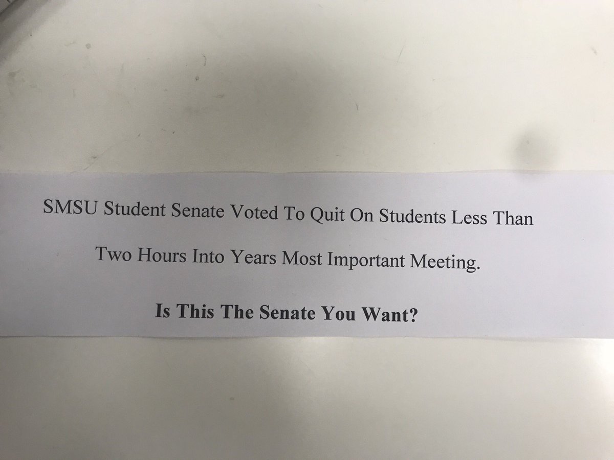 Promptly after the adjournment of tonight’s Student Senate meeting, these statements were found around campus from an unknown source. Keep tuned in for all further Student Senate coverage with the #Spur