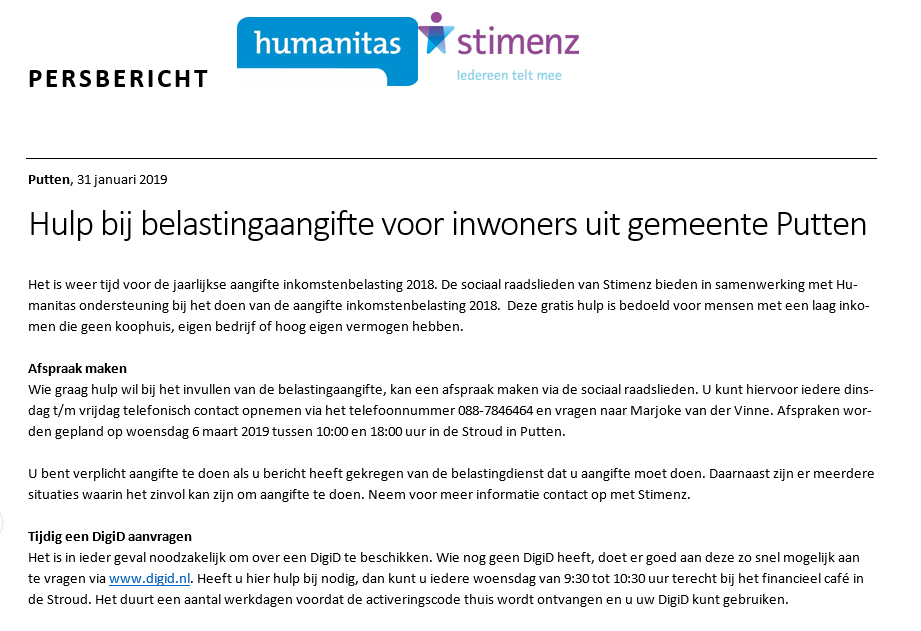 welzijnputten's tweet image. @Humanitas_nwv en @StimenzPutten gaan inwoners van Putten op 6 maart helpen met het doen van hun #belastingaangifte. Kijkt u ook niet uit naar het ontvangen van de #blauweenvelop? Heeft u moeite met het doen van aangifte? Lees dan het persbericht hieronder en geef uzelf snel op!