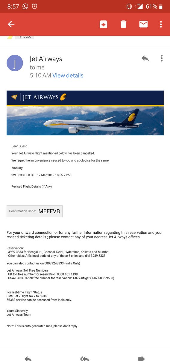 schwiftykarsh's tweet photo. @jetairways this is seriously insane, first you delay the flight and now i received the mail of cancelling it https://t.co/yRqRZQvZXG