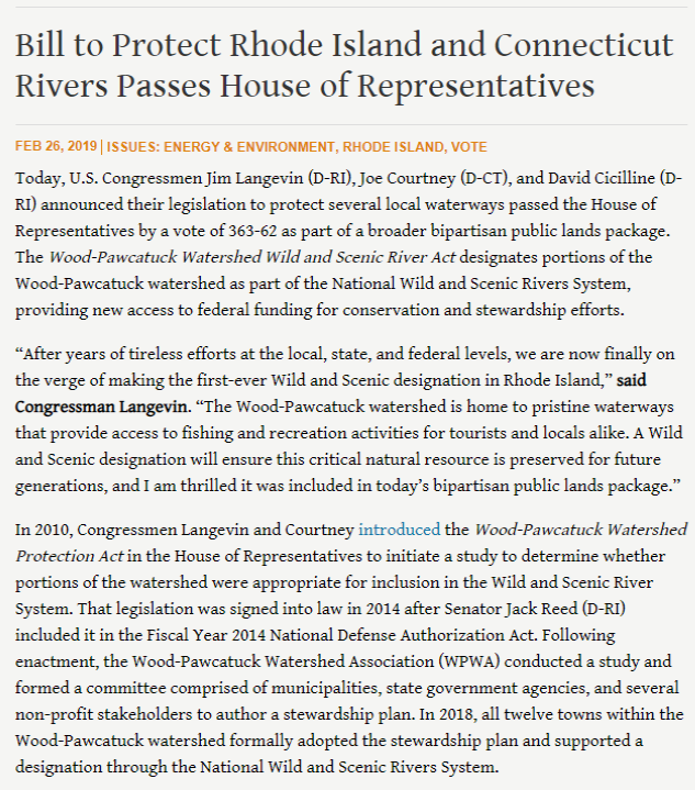 JimLangevin's tweet photo. I first championed the Wood-Pawcatuck Watershed Protection Act in 2010. Now, with the help of @RepJoeCourtney and @DavidCicilline, this legislation to add important federal protections for these #SouthCounty rivers has passed the House and will soon become law. https://t.co/Z5J2oDKJo4