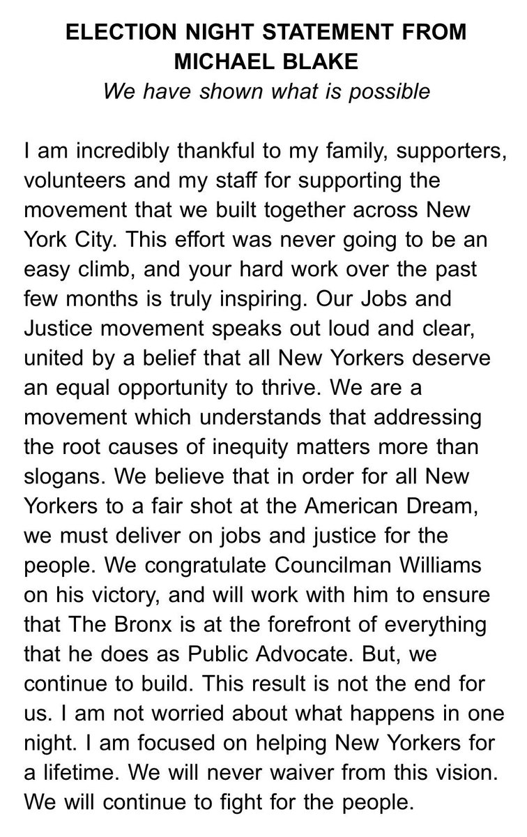 Our #JobsAndJustice movement speaks loud and clear, united by by a belief that all New Yorkers deserve equal opportunity to thrive. To everyone who supported our campaign and our vision, from the bottom of my heart, I thank you. #ForThePeople