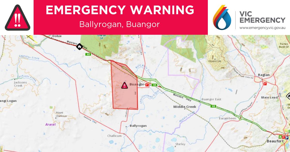 This EMERGENCY WARNING is being issued for Ballyrogan, Buangor.

There is a grassfire at Western Highway, Buangor that is not yet under control.
The grassfire is travelling in a south easterly direction towards Challicum Hills wind farm. 

Stay updated: emergency.vic.gov.au/respond/#!/war…