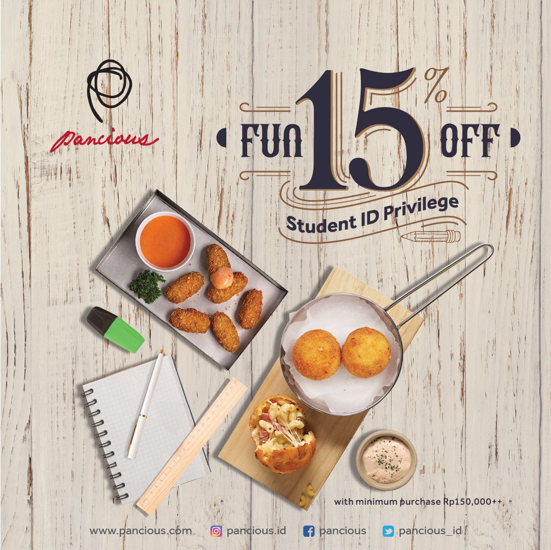 pancious_id's tweet photo. Get Student 15% Off with minimum purchase IDR 150.000++ every weekdays in Pancious Neo Soho, Mal Kelapa Gading, PIK Avenue, Puri Indah Mall, Pondok Indah Mall, Summarecon Mal Serpong, Summarecon Mal Bekasi and Mal Taman Anggrek. https://t.co/L0K2rw7xMO