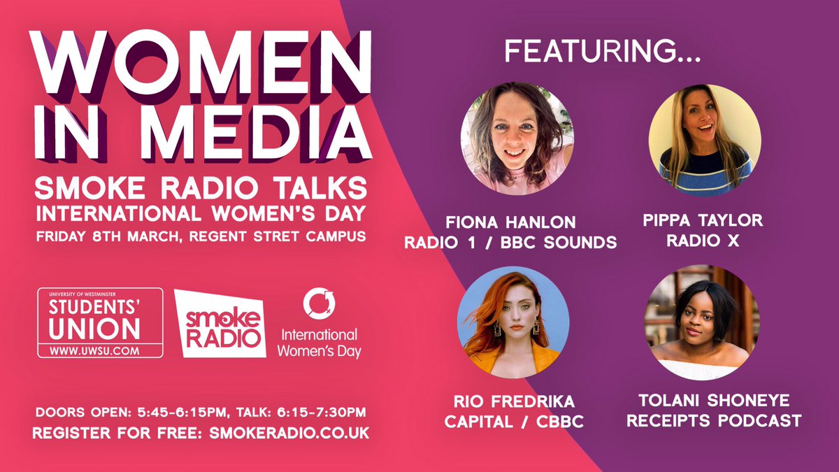 In honour of International @WomensDay, we’re hosting a Woman in Media panel on Friday 8th March, featuring @fionaradio, <a href="/Pipskin/">Pippa Taylor Tarrant</a>, @Rio_Fredrika and <a href="/tolly_t/">Tolly</a>.
Visit smokeradio.co.uk for more info and to book your free ticket.