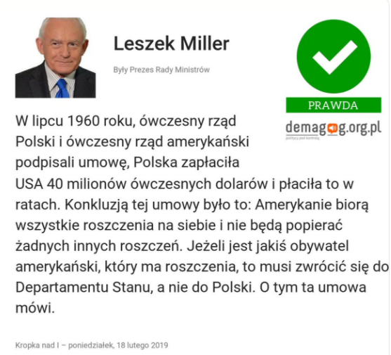 DemagogPL's tweet photo. Dzisiaj weryfikujemy wypowiedź @LeszekMiller o 🇵🇱polsko-amerykańskiej🇺🇸 umowie w sprawie roszczeń.
➡https://t.co/3D8XsbtX7x
#FactCheck #Prawda #DemagogPL #antysemityzm https://t.co/Ae2qNEFmqm