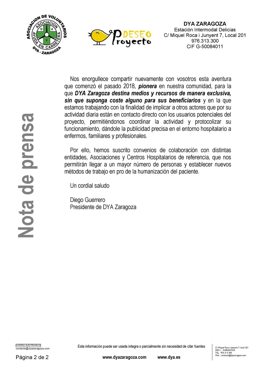 Compartimos nota de prensa informando de nuestro convenio de colaboración con <a href="/DYAAragon/">DYA Zaragoza</a> por el que nuestros socios podrán beneficiarse de su #ProyectoDeseo
