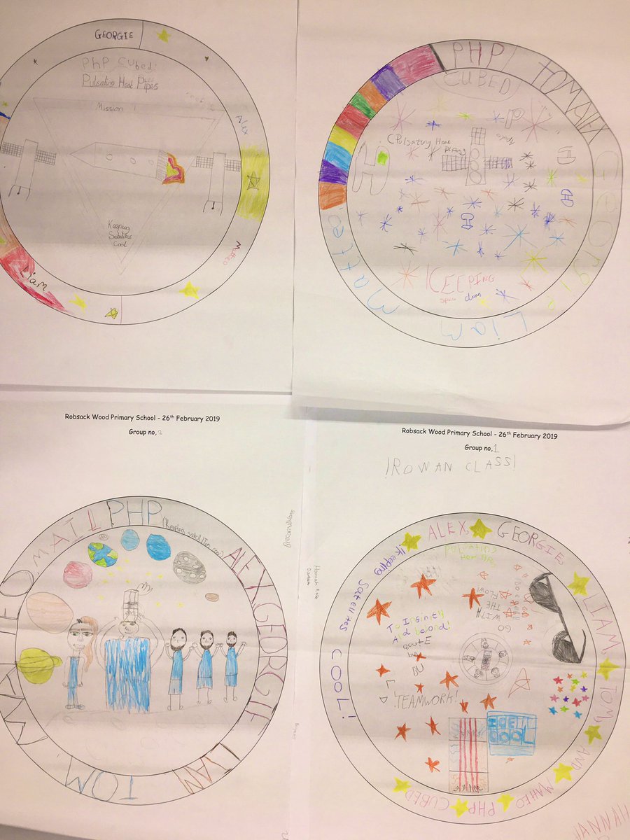CubedPhp's tweet photo. A sneak peak of some of the mission badge designs from the students at @R_S_Wood! The PHP CUBED team are carrying out outreach events in primary schools until the end of March, teaching kids about space, engineering and team work! So far they have all been superstars! 🚀🌎👍 https://t.co/nIsDQcqMfp