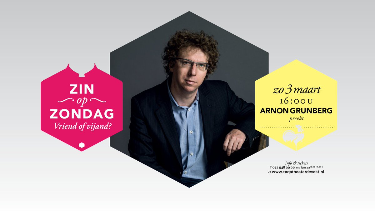 A.s. zondag duikt schrijver Arnon Grunberg in het thema 'Vriend en vijand' tijdens #ZinOpZondag in de #GroteKerk! Hij gaat in gesprek met filosofen Henk Haenen en Frank Meester, er is livemuziek van <a href="/DeKift/">De Kift</a> en heerlijke soep na afloop! Aanvang 16:00 uur. bit.ly/ZinOpZondagVri…