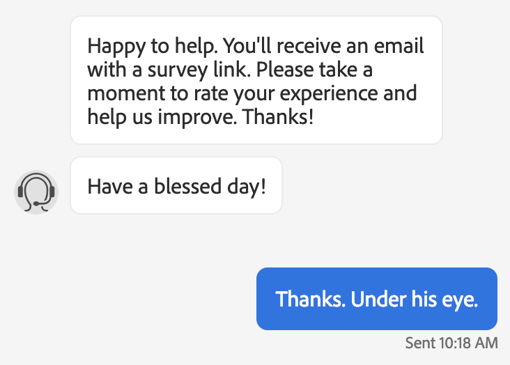 studiocontents's tweet photo. Talking to Adobe @creativecloud support online… When they ended the conversation with “Have a blessed day”, I couldn’t resist: https://t.co/KlVxvKpdZP