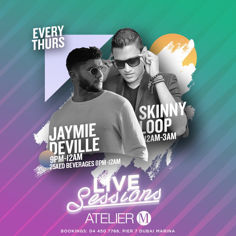 Join us for 25 AED drinks every Thursday in the Atelier M lounge!! Start the night with a live acoustic set from @jaymiedeville followed by <a href="/Skinnyloop/">Dj Skinnyloop</a> on the decks until 3am!!