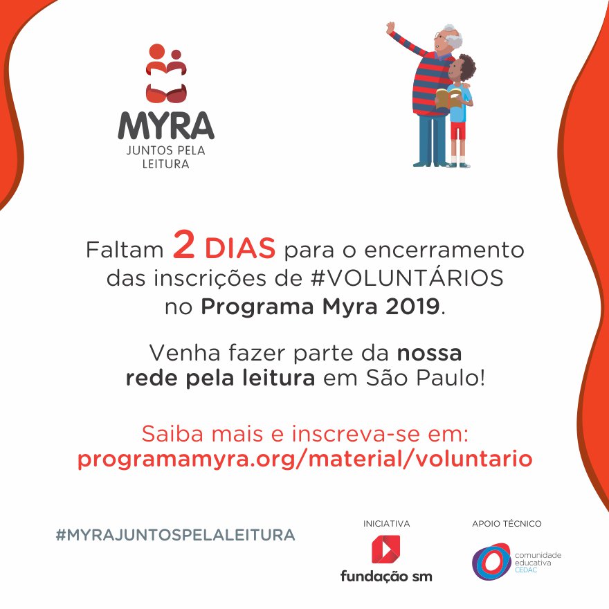 Fundacaosm's tweet photo. #ProgramaMyra #VoluntárioMyra2019 #aeducaçãonosmove
Faltam 2 dias! As inscrições vão até 28 de fevereiro.
Saiba mais e inscreva-se aqui:
https://t.co/RxRO6B3bbx https://t.co/Ri4TixMeQY