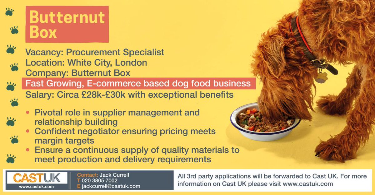 Cast_UK's tweet photo. Pleased to be working in partnership with @ButternutBox on this Procurement Specialist role. For more information contact Jack on 02038057002 / jackcurrell@castuk.com or apply here: https://t.co/aZn11faBK3
#Butterbox #Procurement #Specialist #ProcurementSpecialist #London https://t.co/i2C5c5RB0b