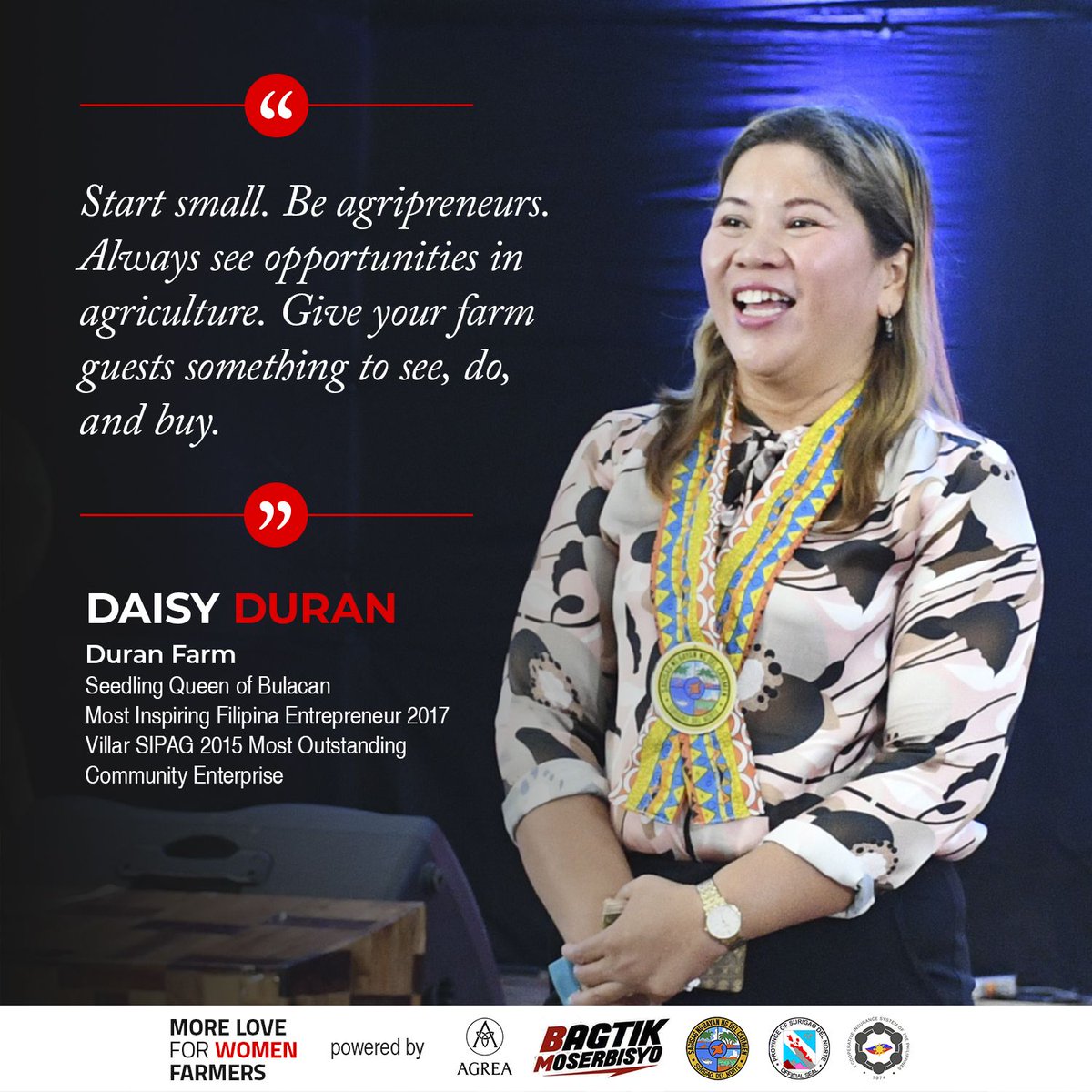 AgreaPHL's tweet photo. "Start small. Be agripreneurs. Always see opportunities in agriculture. Give your farm guests something to see, do, and buy." --Daisy Duran, Duran Farm.
Read full article: https://t.co/cq9V9PTG22
#AgreaPH #Siargao #MoreLoveForWomenFarmers #LEAF2019 https://t.co/3ZNK6Kp7Qn