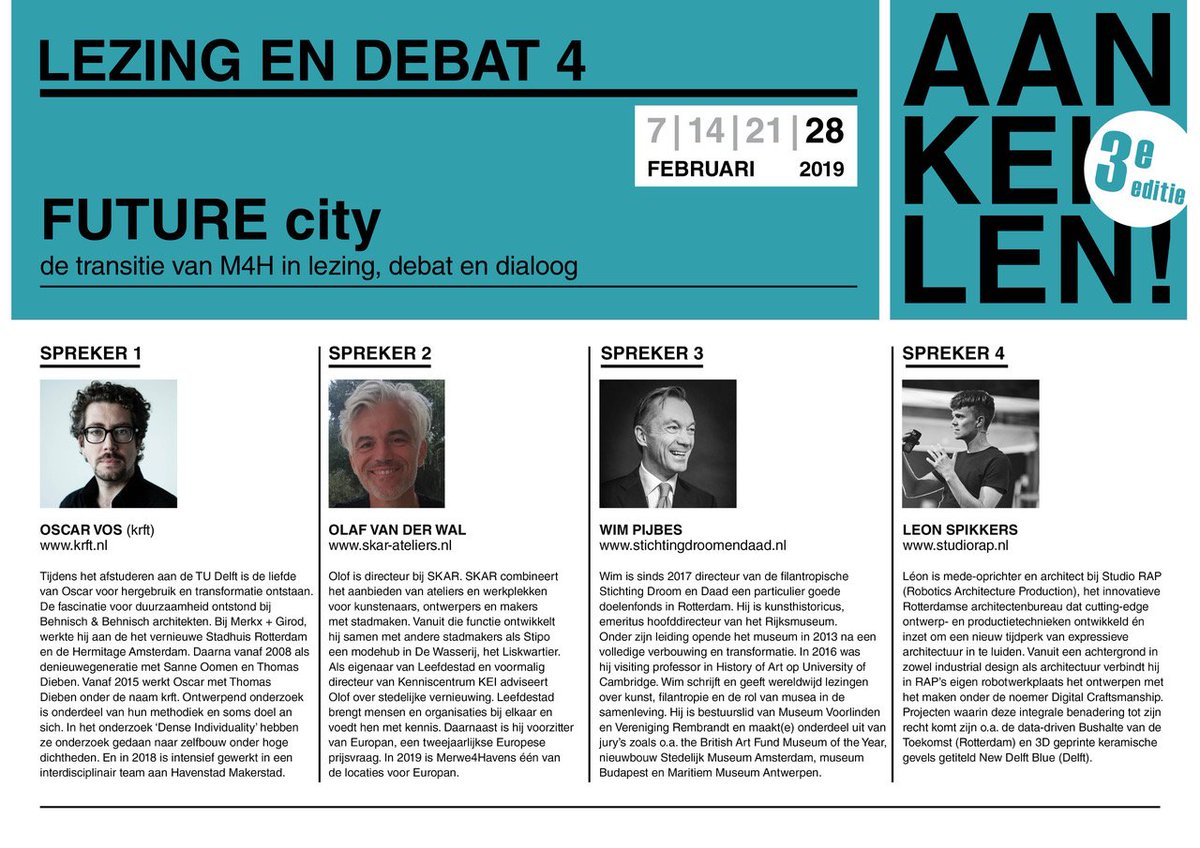 M4HRotterdam's tweet photo. Mis het niet: vanavond de laatste AANKEILEN! van deze serie. Thema: FUTURE city. Sprekers: Olof van de Wal, Leon Spikker, Wim Pijbes, Oscar Vos. Donderdag 27-2 vanaf 19:00 uur. #aankeilen #rotterdam #makersdistrict #M4H #Keilepand #Keilecollectief https://t.co/caIWJeJMj7