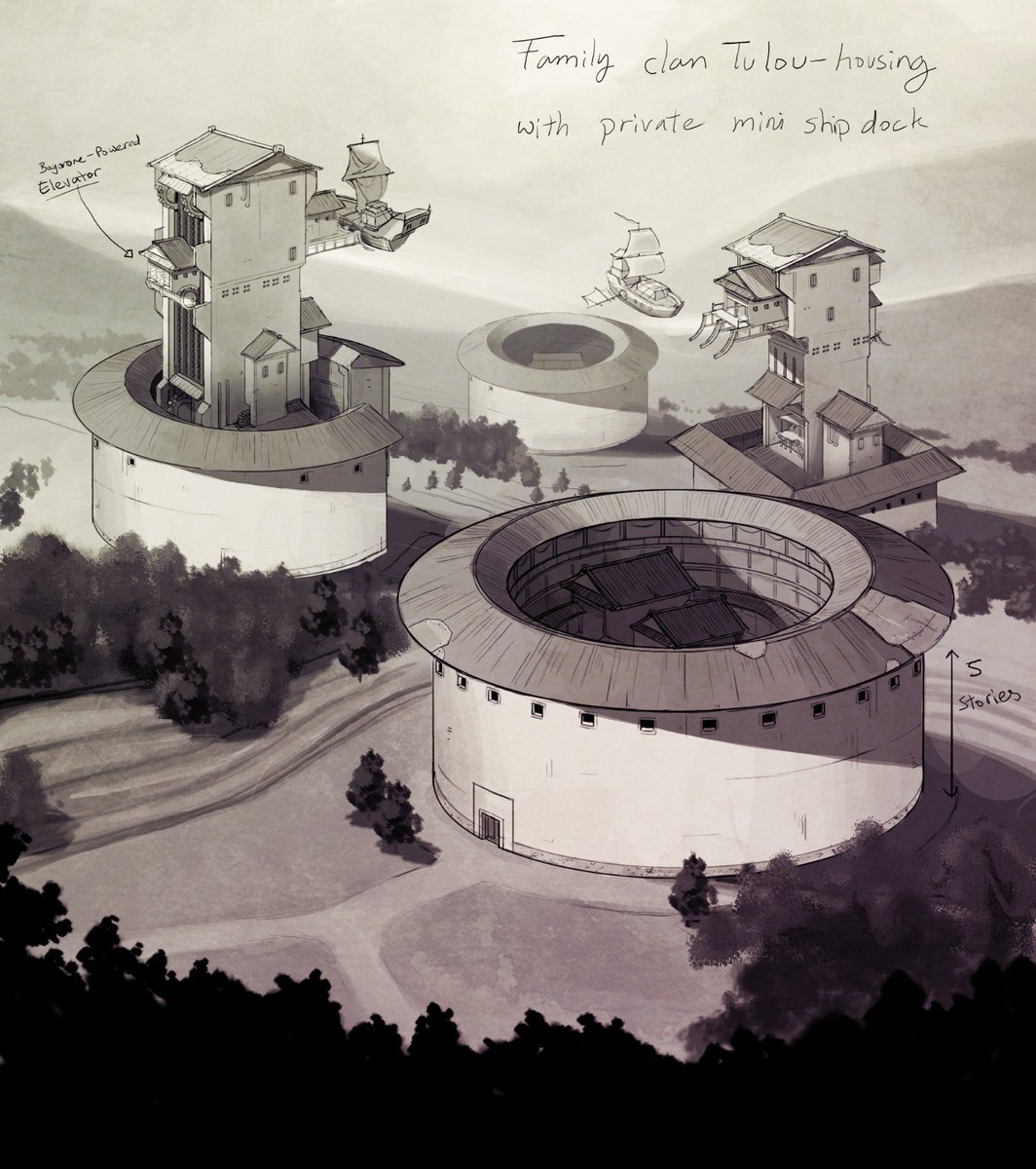 SidOnLife's tweet photo. Even the humblest Avertigo clan owned their own Tulou with a mini-airship dock. @avertigos_game Asian #steampunk #scifi #kickstarter #worldbuilding #storytelling https://t.co/EQZkdvhJg2