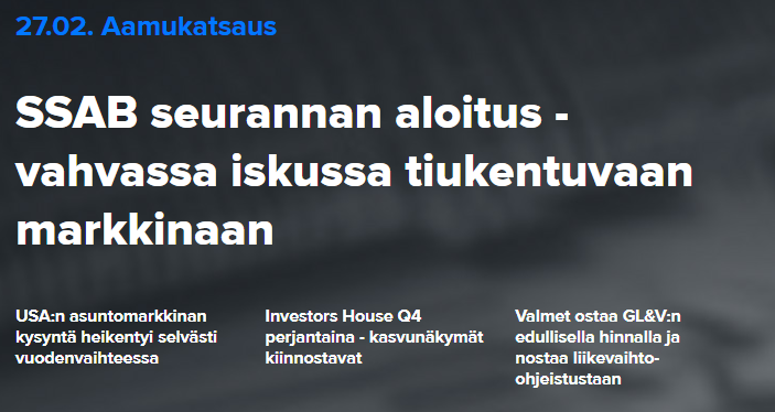 Inderes's tweet photo. Hyvää huomenta! ☕️ Aloitamme tänään #SSAB:n seurannan. Lisäksi aamukatsauksen tulosennakoissa #EABGroup, #InvestorsHouse ja #Solteq. Uutisissa mukana #Valmet, #Glaston, #Orion ja #Neste sekä tuoreet luvut Suomen rakennussektorilta. https://t.co/OZs32v6Kbh https://t.co/HokXM7RPHs