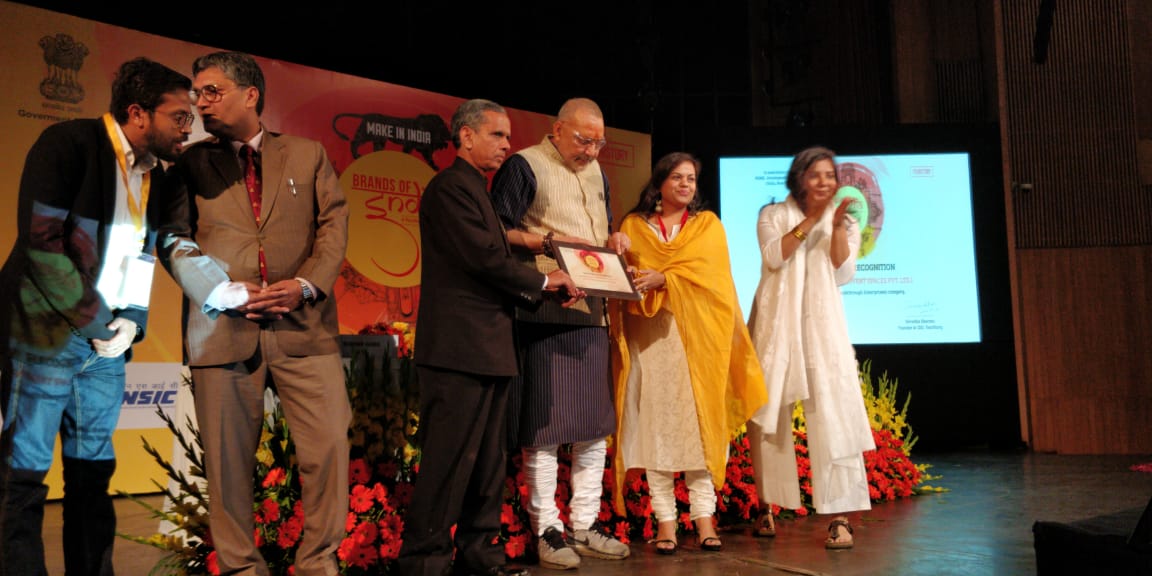 IndiQube, India's most preferred coworking spaces, has won the @YourStoryCo #BrandsOfIndia award in the #RealEstate (Breakthrough Enterprises) category. Meghna Agarwal, Co-founder, IndiQube, is seen here receiving the award from Mr. Giriraj Singh, MoS for #MSME, Govt of India.