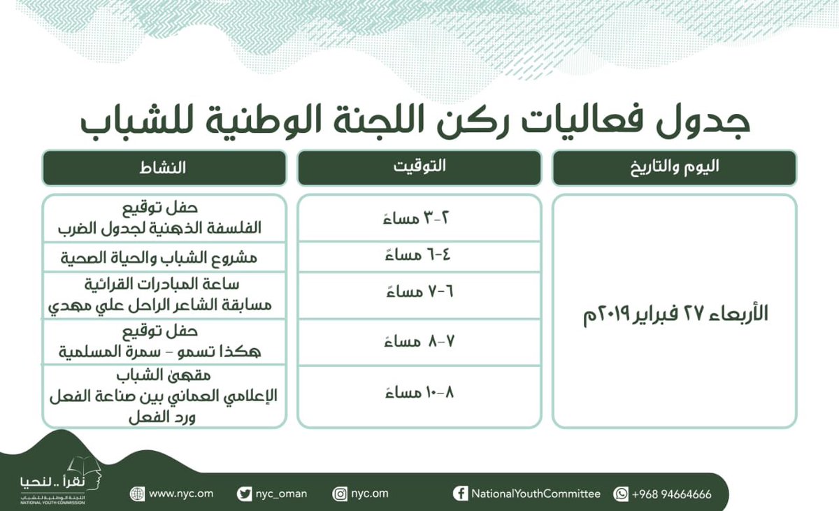 MC_mcsy's tweet photo. نتطلّع لحضوركم لفعاليات ركن اللجنة في اليوم الثامن من أيام #معرض_مسقط_الدولي_للكتاب2019 اهلًا بالجميع 📚🌟
#نقرأ_لنحيا https://t.co/Pqa1moWQY7