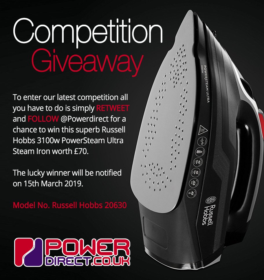PowerDirectUK's tweet photo. #Free to Enter @PowerDirectUK #Competition #Giveaway.. Simply #RT and #Follow for a chance to #Win a Russell Hobbs PowerSteam Ultra Steam Iron.. Drawn 15th March 2019.. #WinItWednesday #WednesdayMotivation https://t.co/ZWNUzNME24